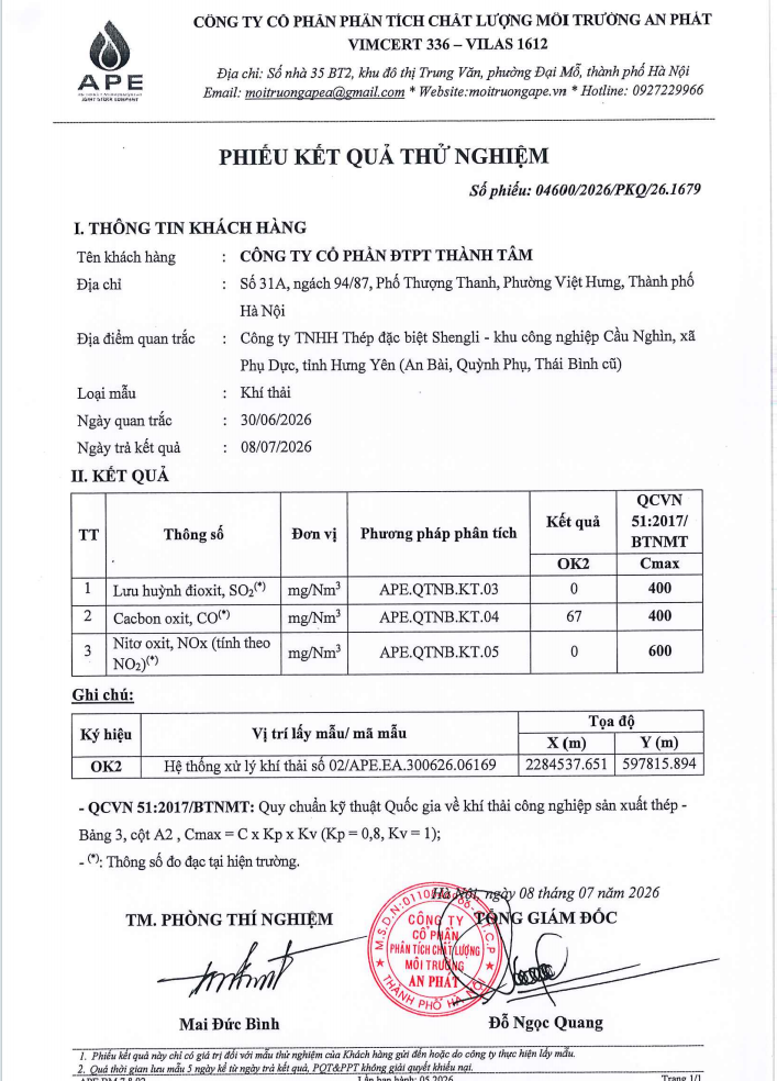 KẾT QUẢ QUAN TRẮC KHÍ THẢI ĐỊNH KỲ QUÝ II NĂM 2026
